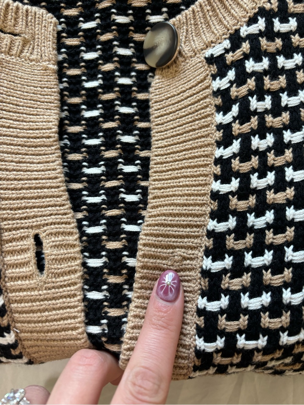 Ann Taylor Black and Cream Patterned Sweater Cardigan with Tan Trim - Picture 2 of 3